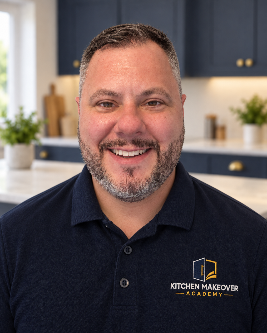Ian Collins, founder of Kitchen Makeover Academy, wearing his branded navy polo